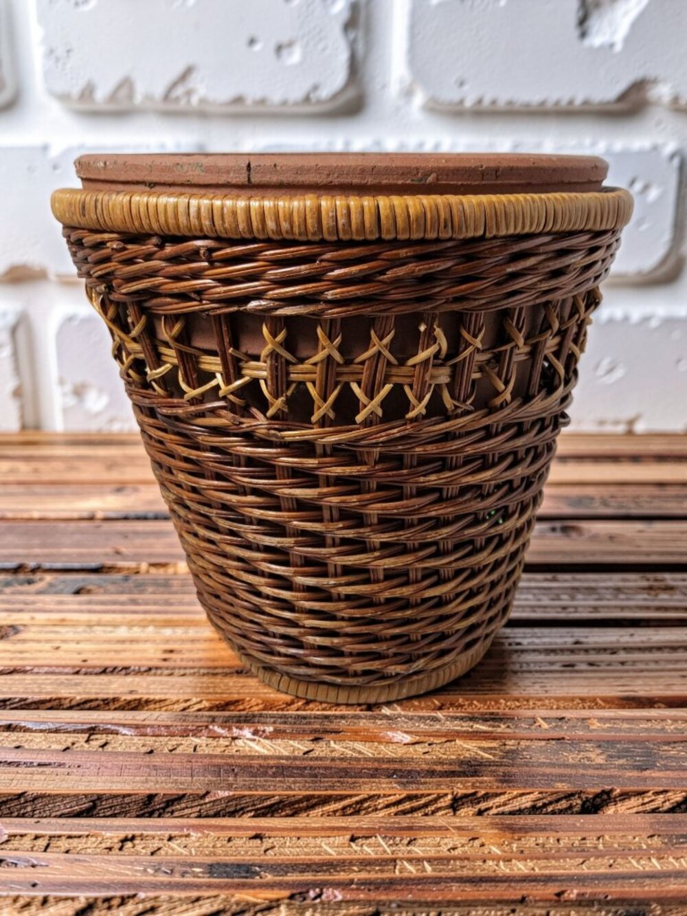 Vintage Wicker Basket W/Clay Pot Insert Planter